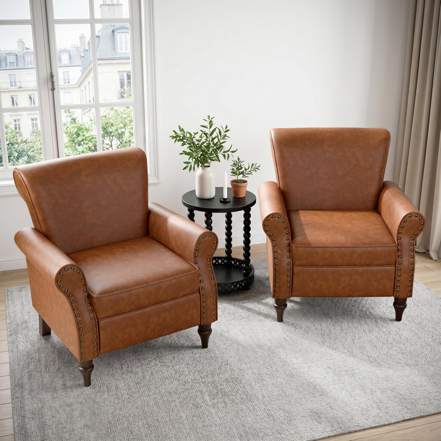 Wingback Accent Chairs Set of 2, Mid-Century Modern Upholstered Armchair Living Room Chair with Nailhead Trim & Rolled Armrest, Comfy Lounge Chair Single Sofa Chair for Bedroom, Light Blue