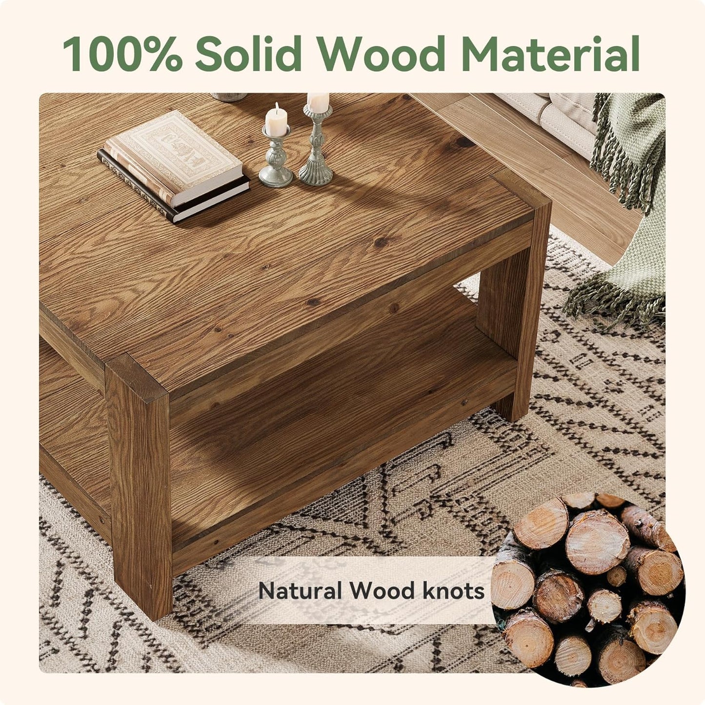 Solid Wood Coffee Table, 31.5" Square Farmhouse Center Table with Storage Shelf for Living Room, 2-Tier Cocktail Accent Tea Furniture for Small Space, Office, Rustic Brown