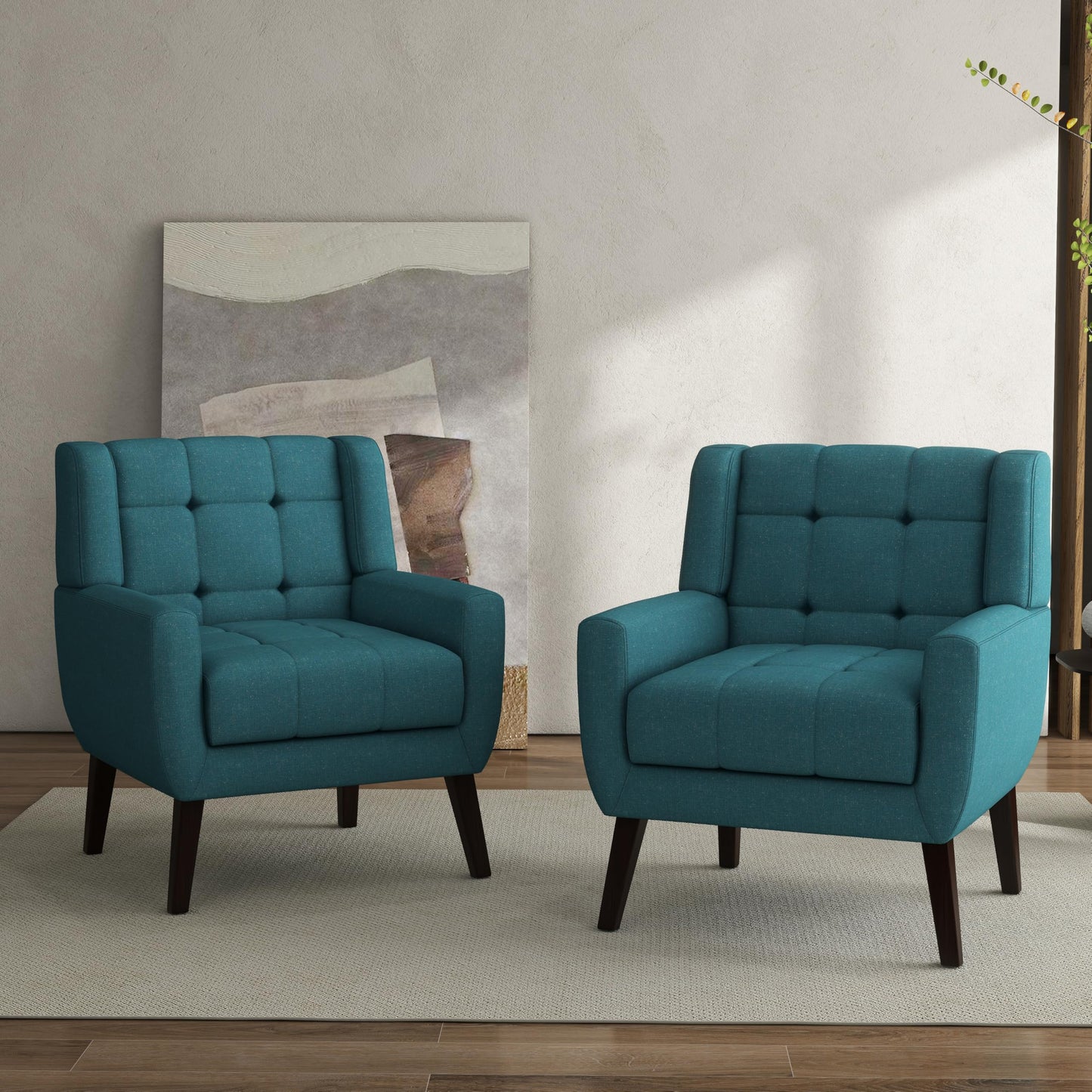 Faux Leather Accent Chairs Set of 2, Mid-Century Modern Upholstered Armchair, Comfy Living Room Chairs Reading Chairs with Button Tufted Back & Solid Wood Legs for Bedroom, Office, Black
