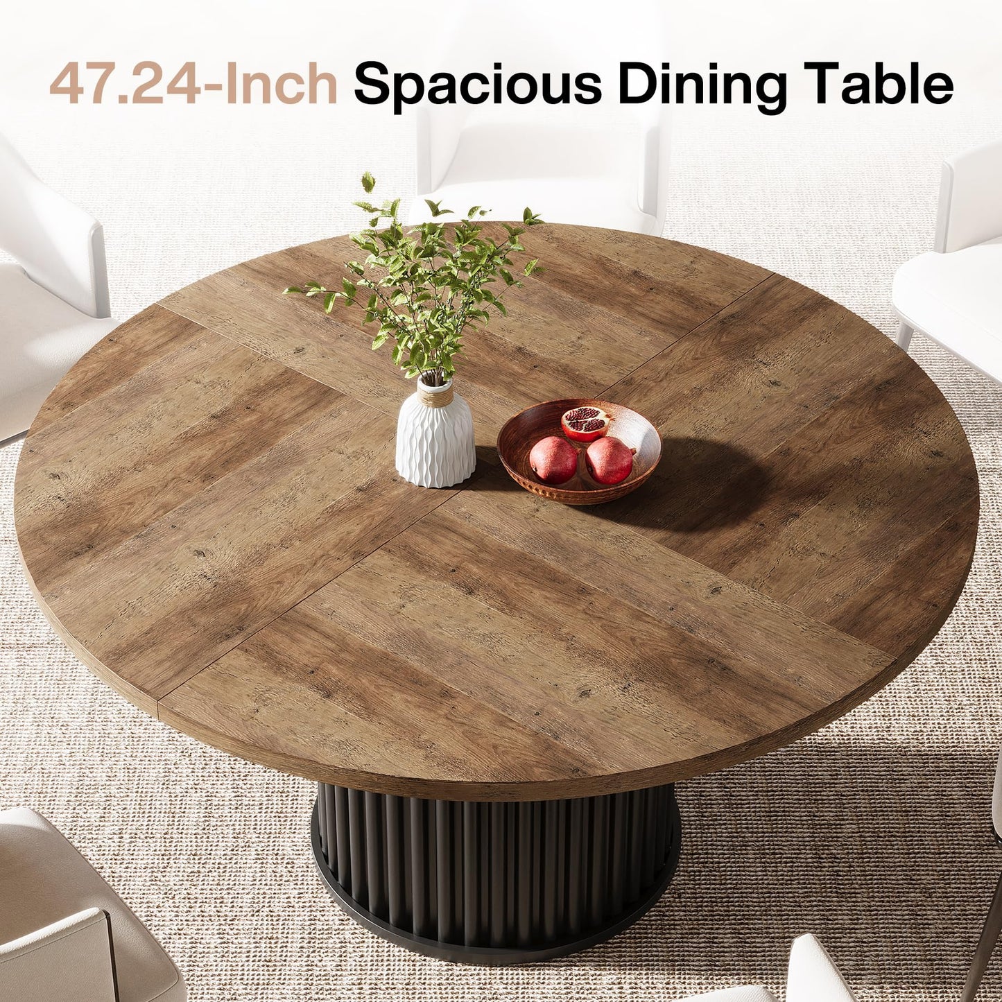 Tribesigns 47.24-Inch Black Round Dining Table for 4-6 People, Modern Fluted MDF + Metal Base Kitchen Table, Sturdy Circle Dining Room Furniture, Black