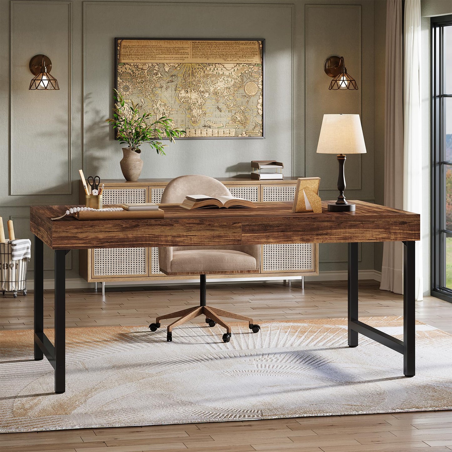 Tribesigns 55" Industrial Executive Desk for Home Office, Rustic Simple Computer Laptop Desk with Strong Metal Legs, Study Writing Table Business Workstation, Small Conference Table