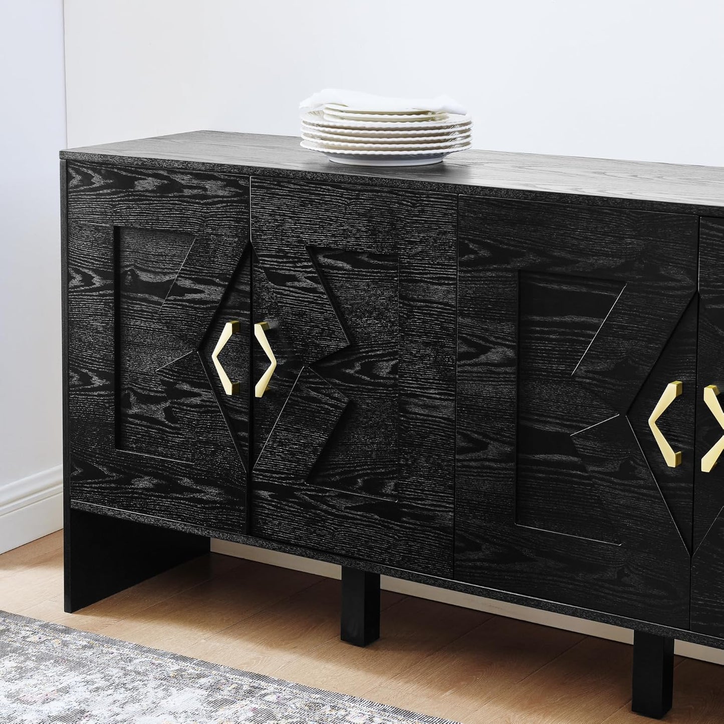 LKTART 60" Black Sideboard Buffet Cabinet,Modern Accent Credenza Storage Cabinet with 4 Doors,Media Console Table for Living Room Entryway