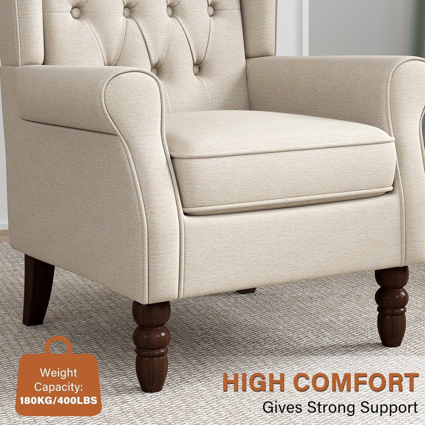 Faux Leather Wingback Chairs Set of 2, High Back Accent Chair for Living Room, Button-Tufted Upholstered Armchair with Solid Wood Legs, Comfy Reading Chair for Bedroom, Brown