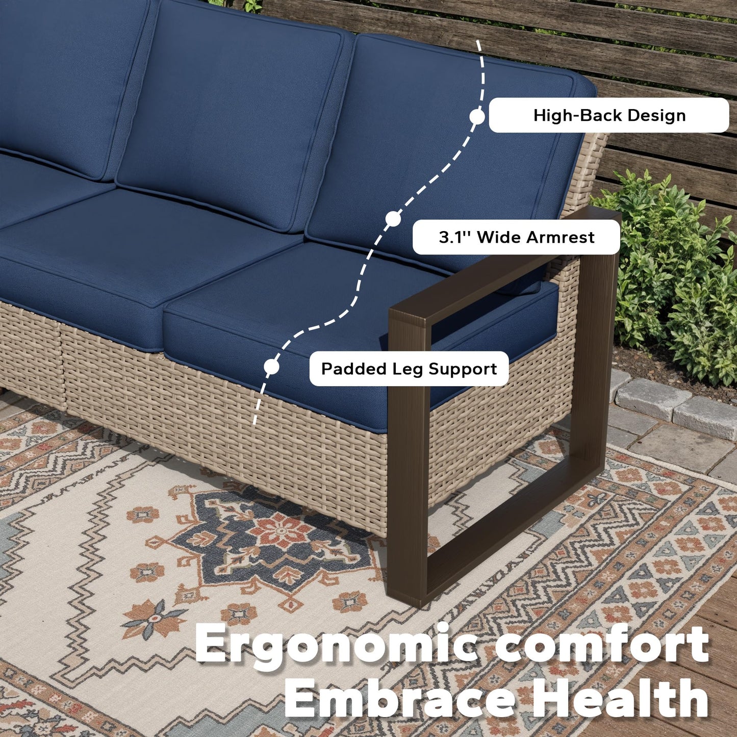 Joyside Outdoor Patio Wicker Sofa, 3-Seater Rattan Sofa with Thick Olefin Cushions and Metal Steel Rectangular Framed Armrest -Looking Metal Armrest Suitable for Garden, Backyard, Porch, Deck