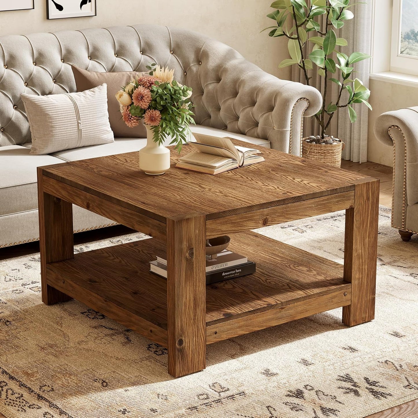 Solid Wood Coffee Table, 31.5" Square Farmhouse Center Table with Storage Shelf for Living Room, 2-Tier Cocktail Accent Tea Furniture for Small Space, Office, Rustic Brown
