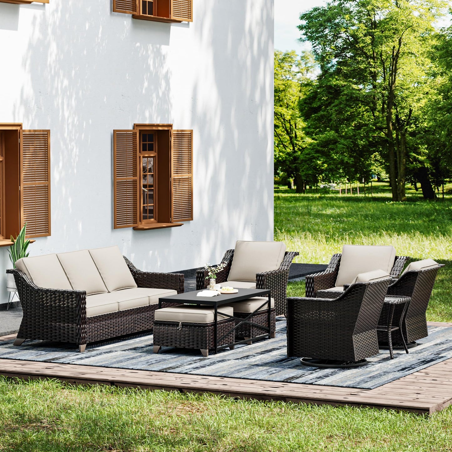 Joyside Patio Sofa - 3 Seater Rattan Sofa, All Weather High Back Sofa, Upgraded Large Size with 4inch Seat Cushions for Backyard, Garden, Poolside (Brown/Blue)