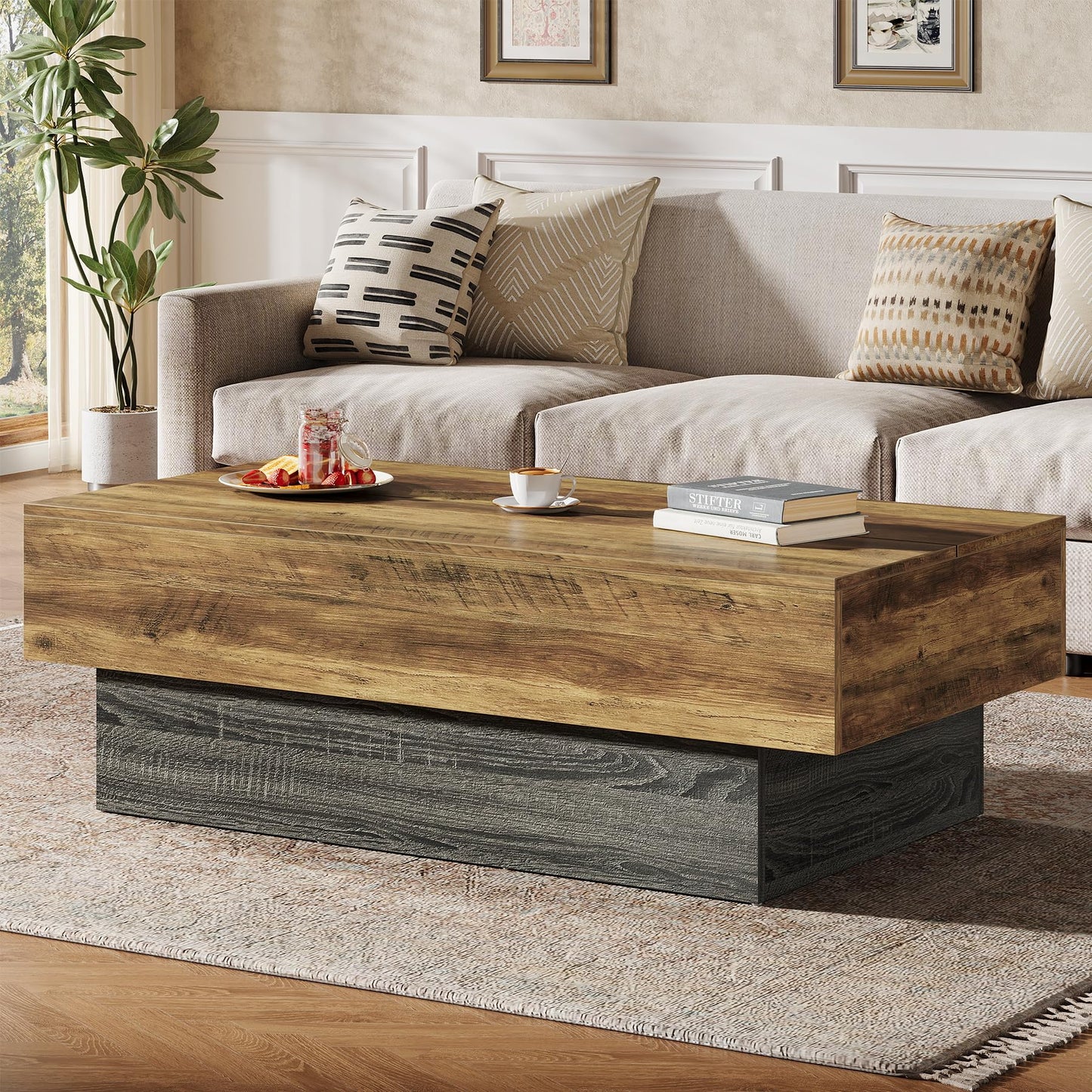 Tribesigns Modern Black Coffee Table, 55-Inch Rectangle Wooden Tea Table, Large Center Table for Living Room, Reception Room