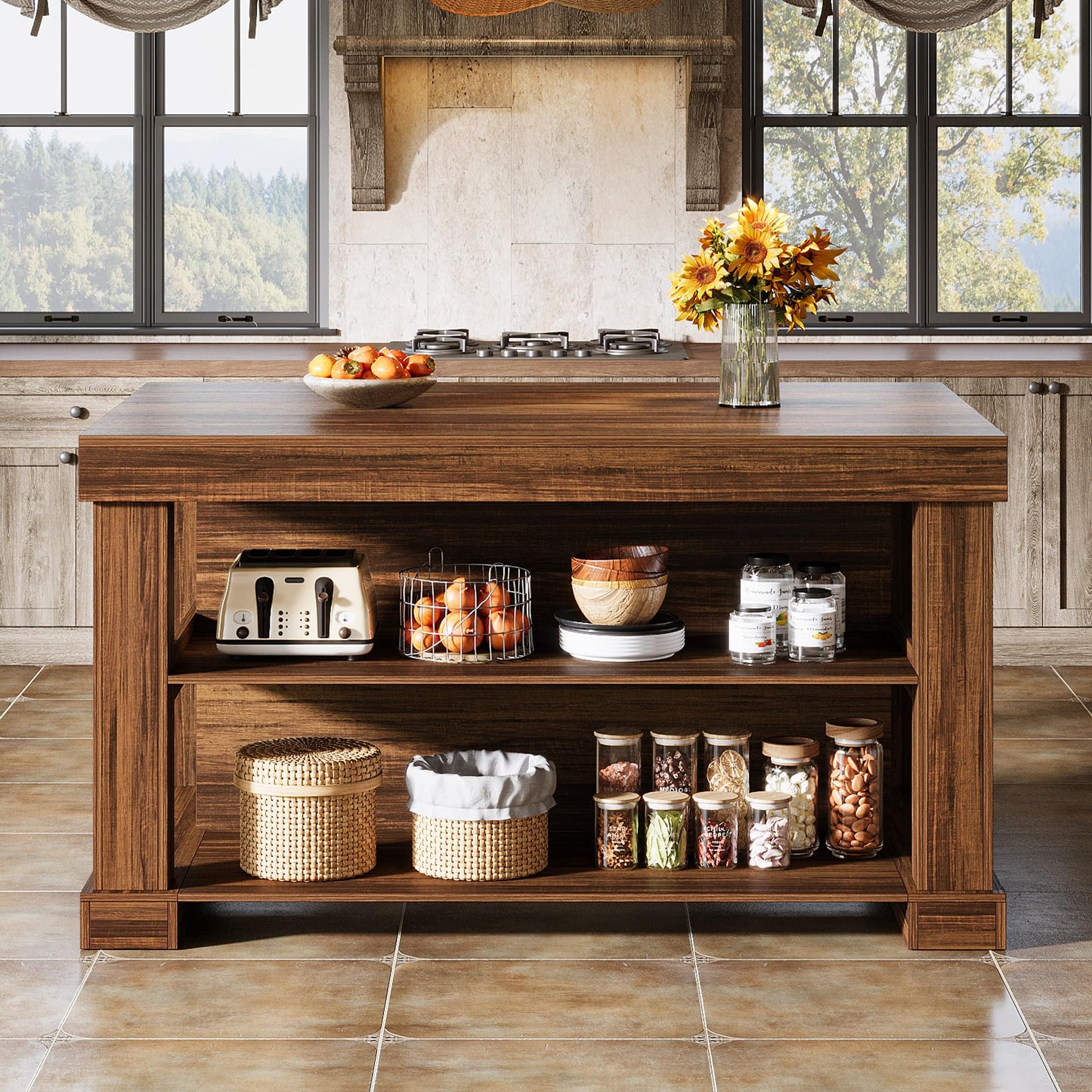 Tribesigns 55" Kitchen Island with Seating and Storage, 3-Tier Farmhouse Wood Stationary Island Table with Large Worktop & Leg Room, Coffee Bar Table with Storage Shelves for Kitchen, White and Brown