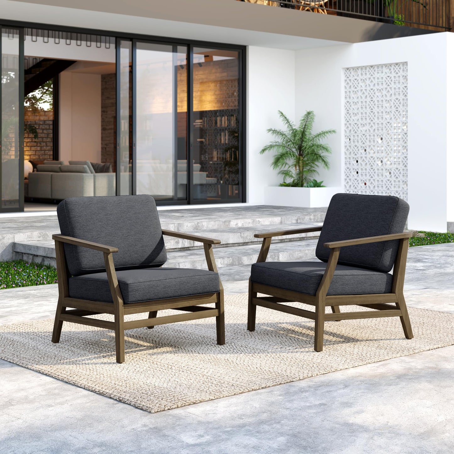 Outdoor Patio Armchairs, 2 Pieces Solid Wood Patio Furniture Sets with Washable Thick Cushions, All-Weather Outdoor Sofa Chairs for Backyard, Garden, Poolside, Natural Frame & Dark Gray Cushion
