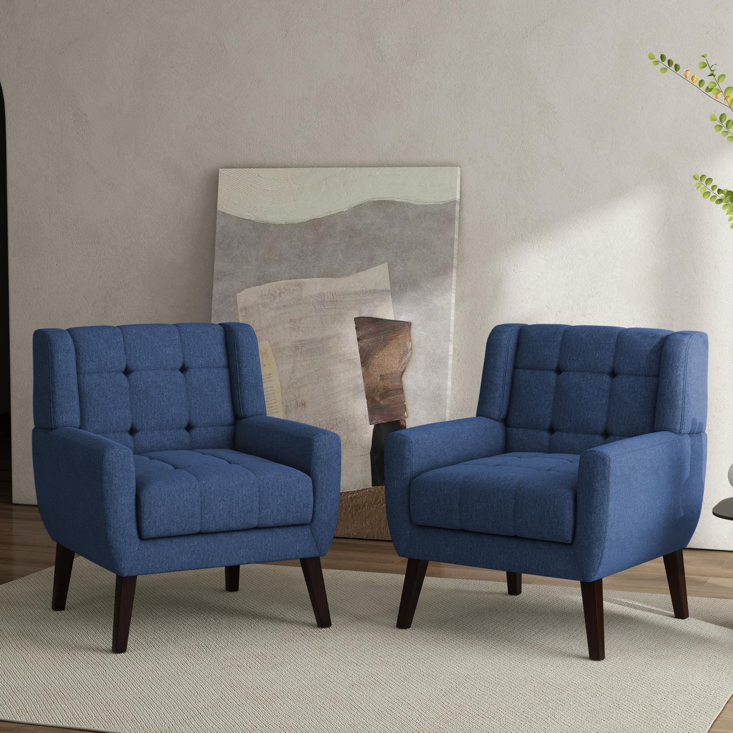 Faux Leather Accent Chairs Set of 2, Mid-Century Modern Upholstered Armchair, Comfy Living Room Chairs Reading Chairs with Button Tufted Back & Solid Wood Legs for Bedroom, Office, Black