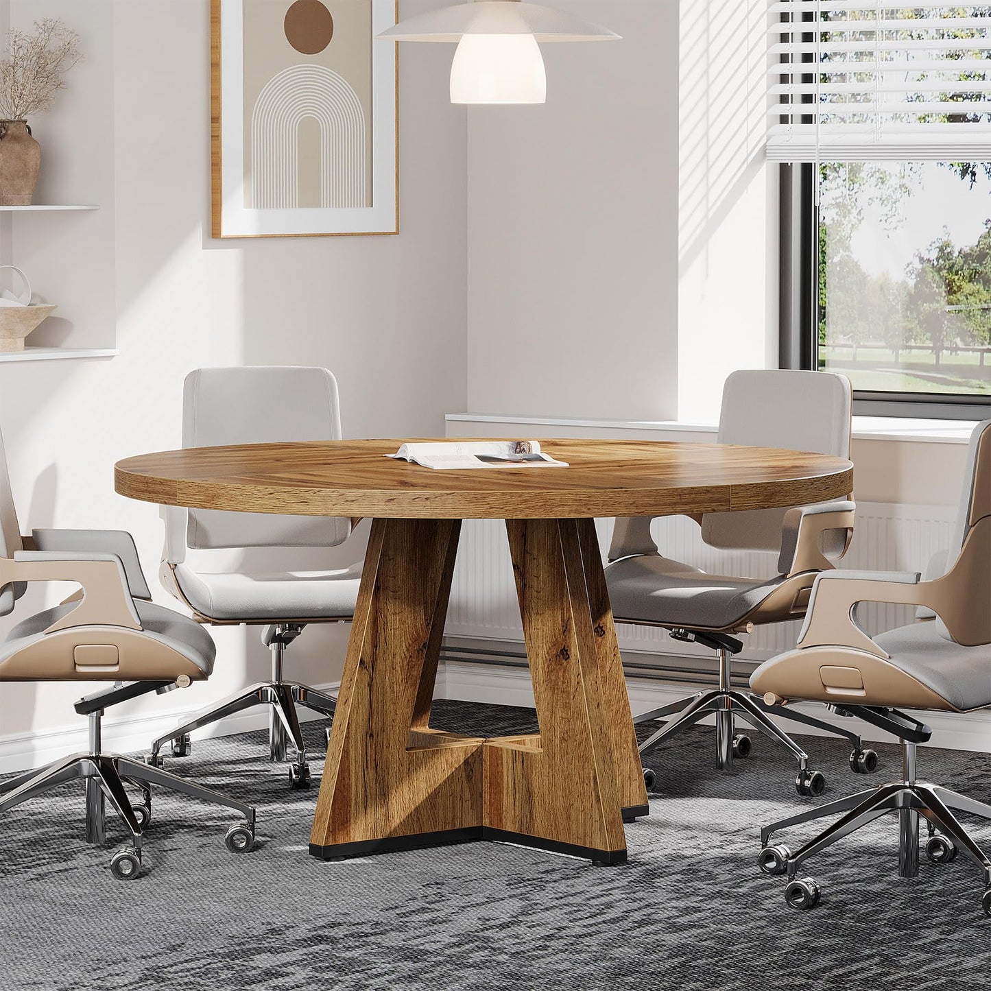 Tribesigns 47-Inch Round Conference Table for 4-6 People, Wooden Meeting Room Table with Thicken Tabletop and Wood Base (Grey)