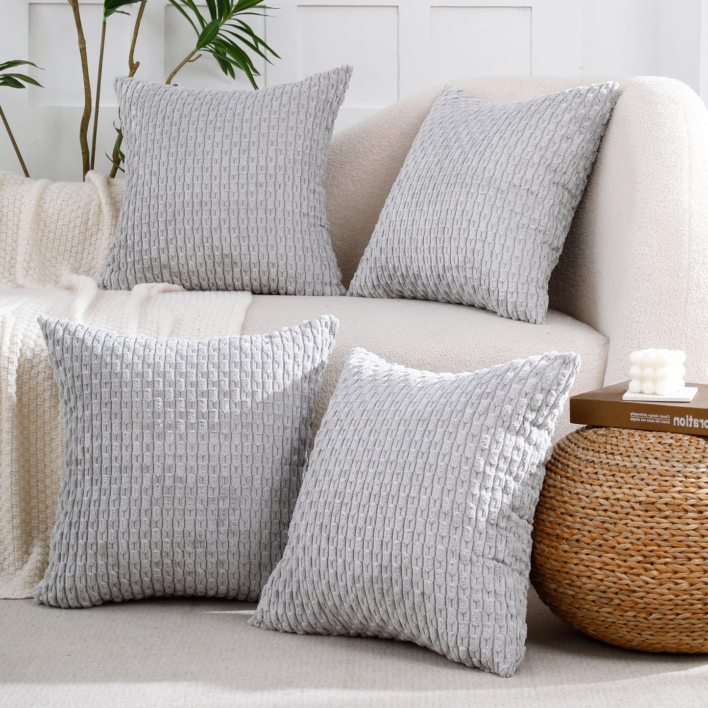 VAKADO Couch Throw Pillow Covers 16x16 Set of 4 Decorative Neutral Corduroy Boho Rustic Farmhouse Cushion Case Square for Home Decor Sofa Living Room Bed