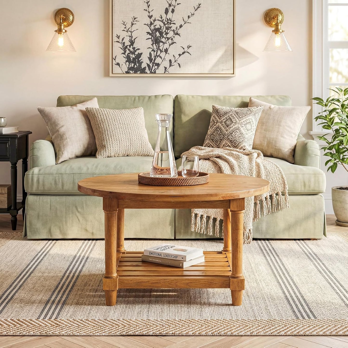 Round Coffee Table, 31.5" Farmhouse Solid Wood Center Table with Storage, 2-Tier Circle Accent Table for Living Room, Small Spaces, Apartment, Rustic Brown
