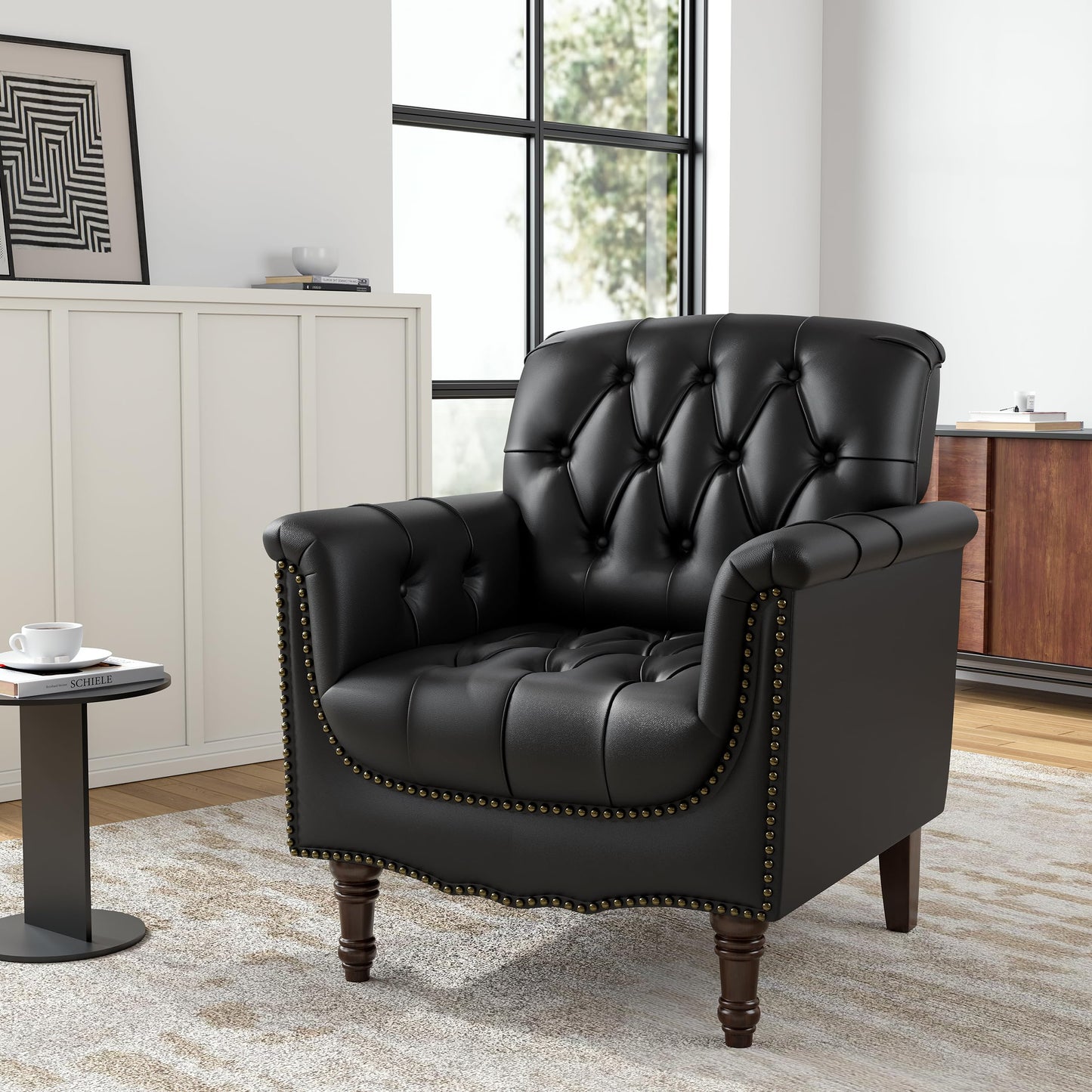 Faux Leather Club Chair, Retro Upholstered Armchair Accent Chair with Solid Wood Legs & Nailhead Trim for Living Room, Bedroom, Reading Room, Camel