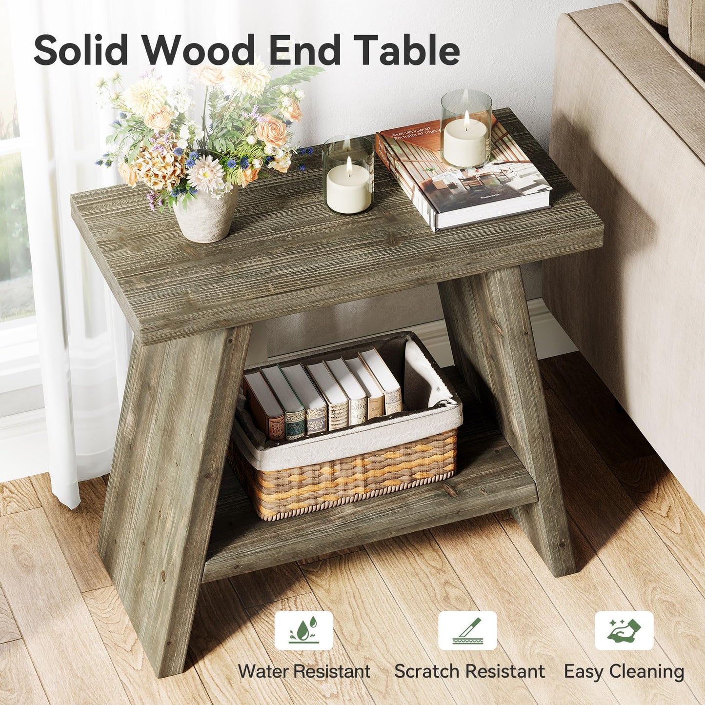 Solid Wood End Table for Living Room, Narrow Small Side Table with 2-Tier Storage, Farmhouse Bedside Nightstand for Bedroom, Small Places, Rustic Brown (1PCS)