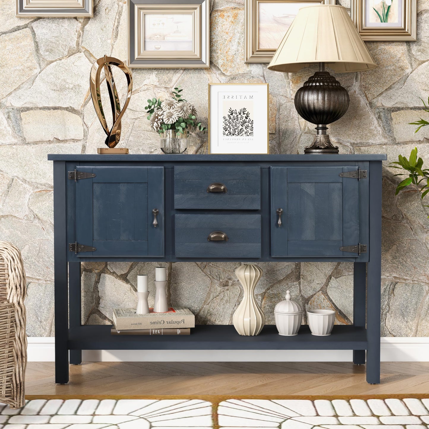 LKTART Farmhouse Sideboard Buffet Cabinet,Solid Wood Sideboard with Storage Drawers and Bottom Shelf,Coffee Bar for Entryway Hallway Foyer,Easy Assembled (46.5" Brown