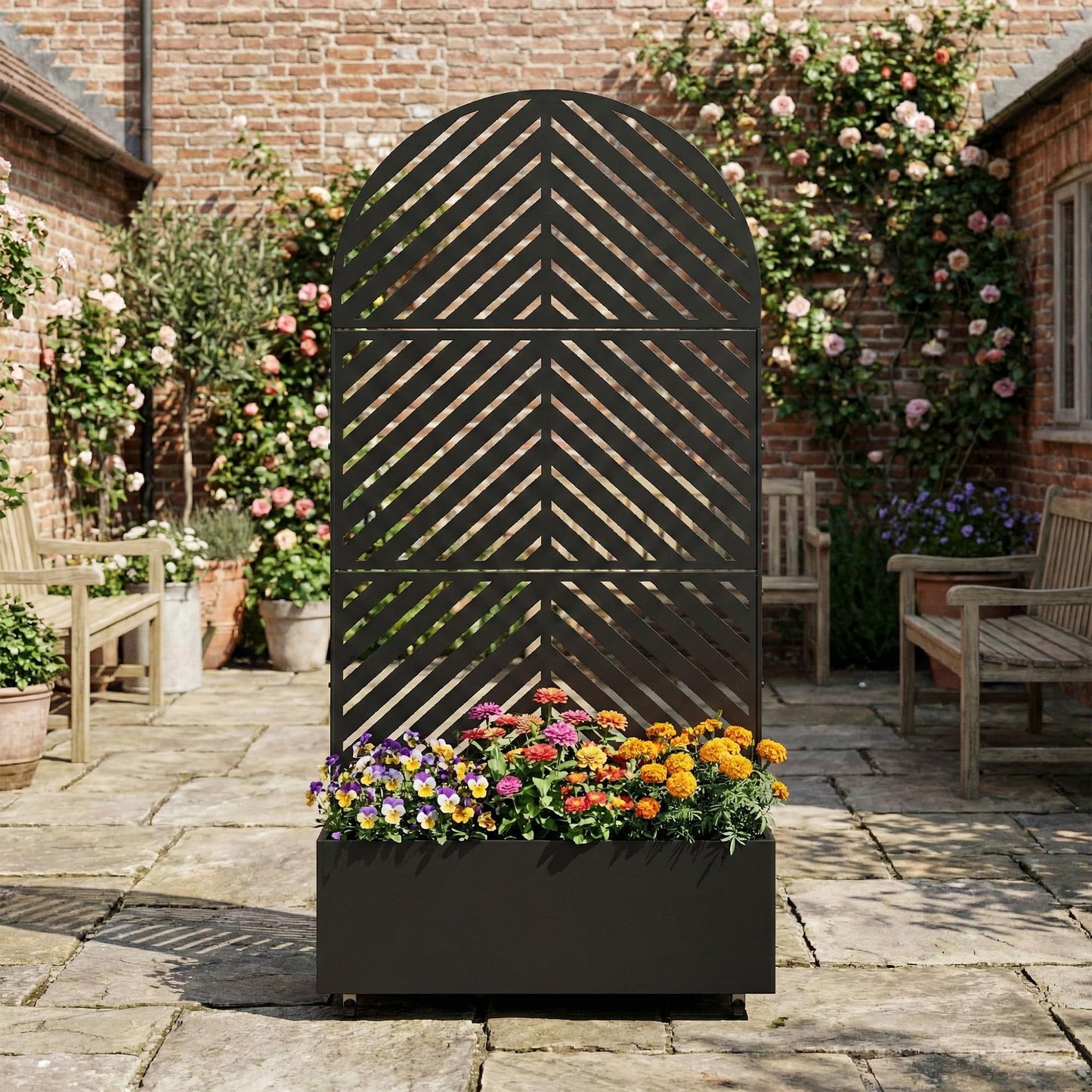 Metal Raised Garden Bed with Trellis and Wheels, 71"x47"x16" Planter Box with Privacy Screen & Drainage Holes, Arched Outdoor Garden Bed for Climbing Plants, Vegetables, Flowers (Black-Square)