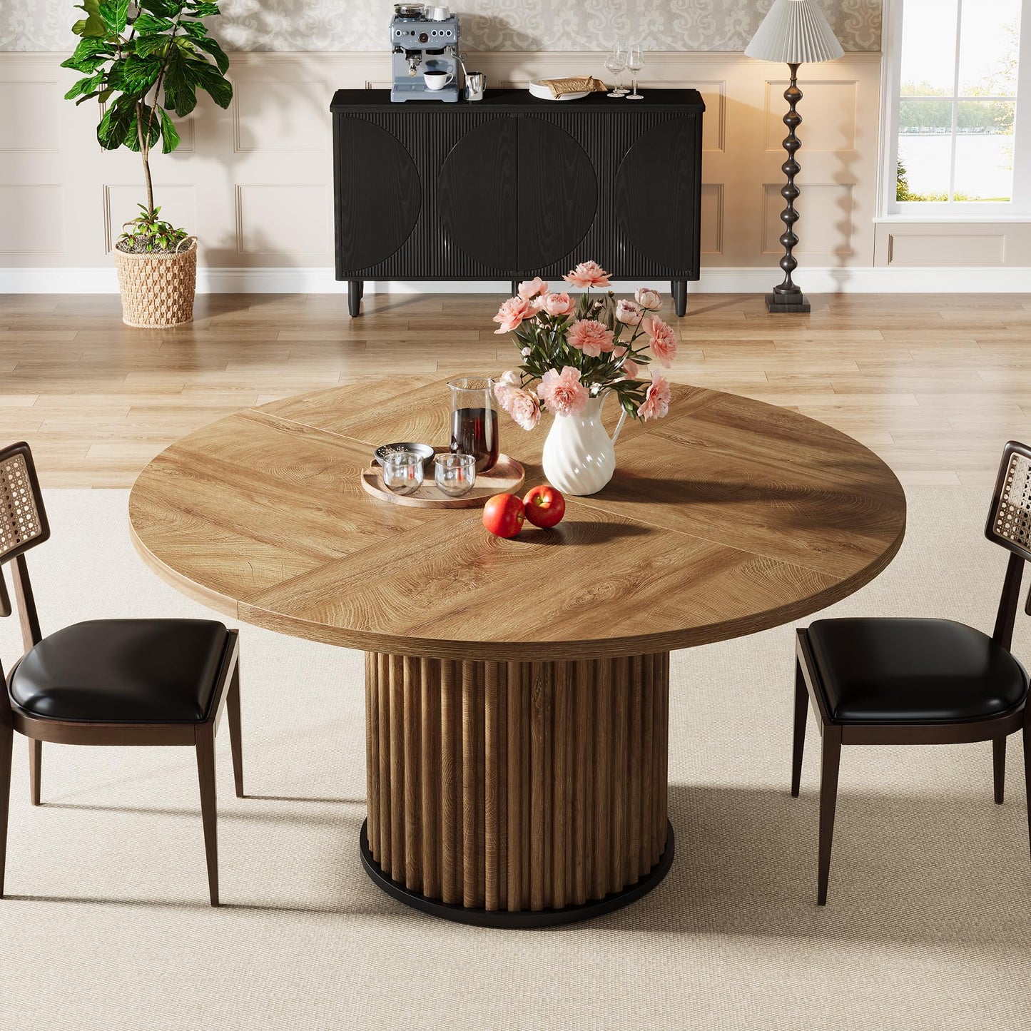 Tribesigns 47.24-Inch Black Round Dining Table for 4-6 People, Modern Fluted MDF + Metal Base Kitchen Table, Sturdy Circle Dining Room Furniture, Black