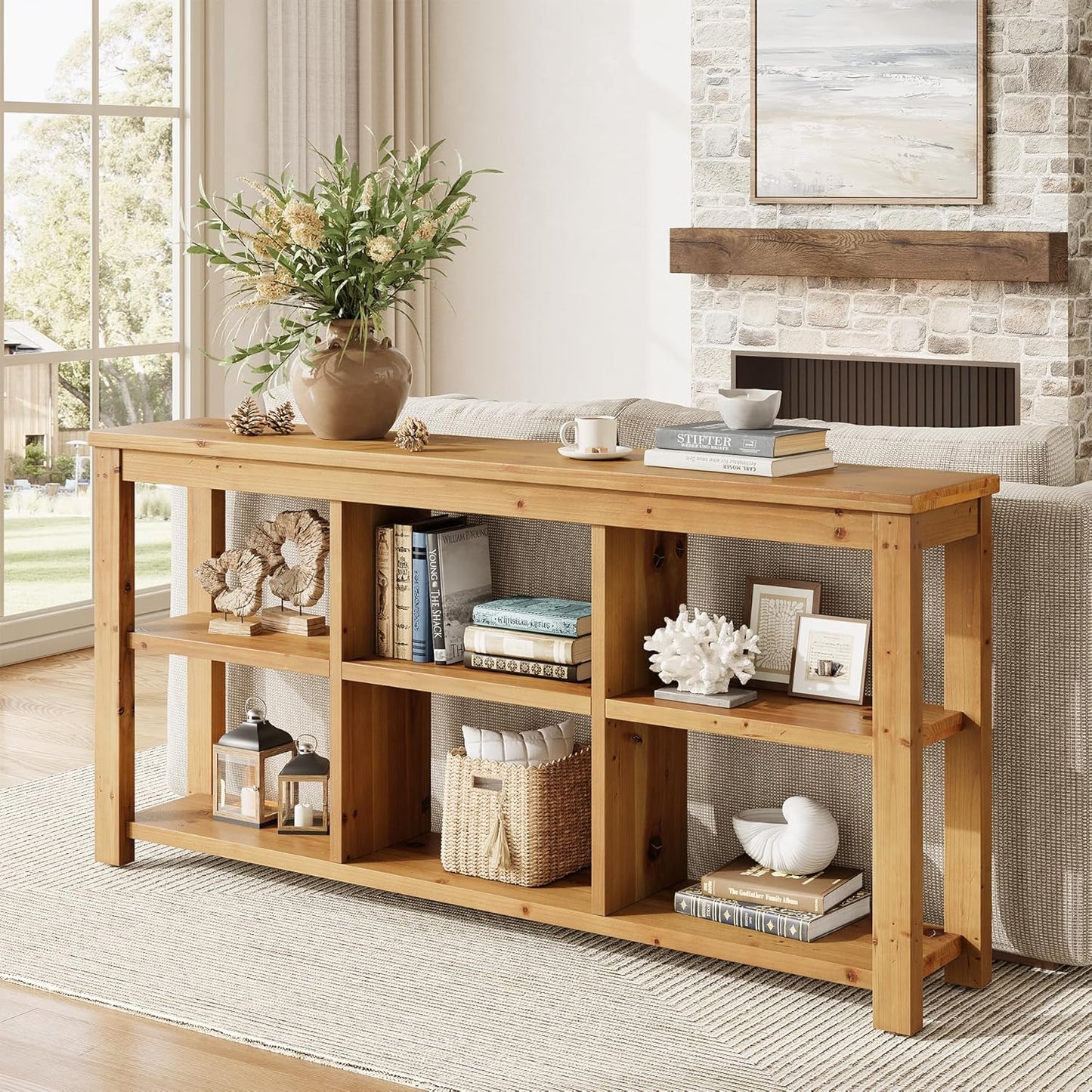 63-Inch Solid Wood Console Table for Entryway, 3-Tier Long Farmhouse Sofa Table with 6 Storage Cubes for Living Room, Hallway, Brown