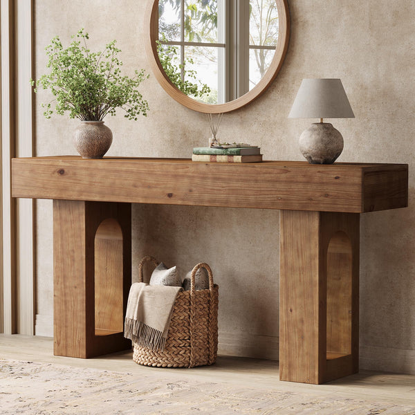 Solid Wood Console Table, 63-Inch Long Farmhouse Entryway Table, Sofa Console Behind Couch, for Foyer, Hallway, Living Room, Dark Brown