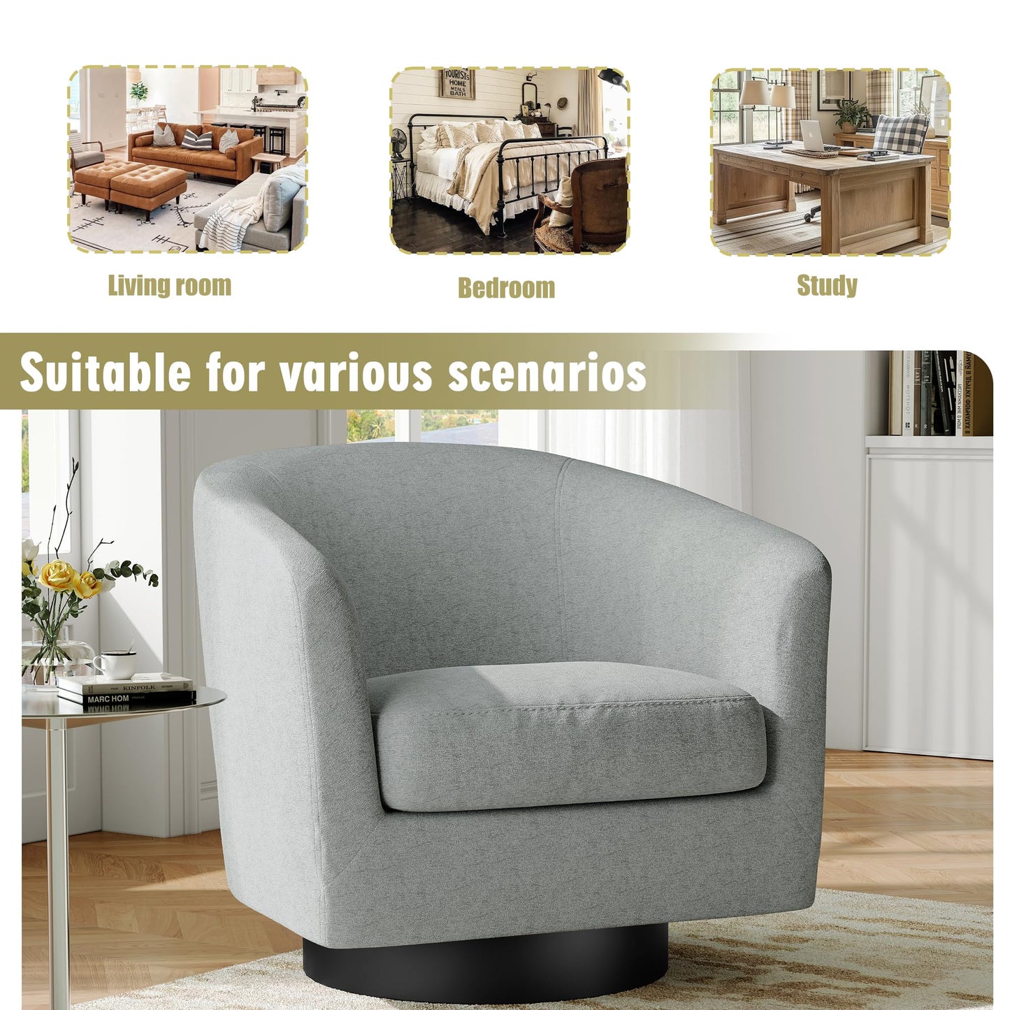 Swivel Barrel Accent Chairs Set of 2, Modern 360° Swivel Round Barrel Chair with Curve Back, Upholstered Velvet Fabric Armchair Single Sofa Club Chair for Living Room, Bedroom, Coffee