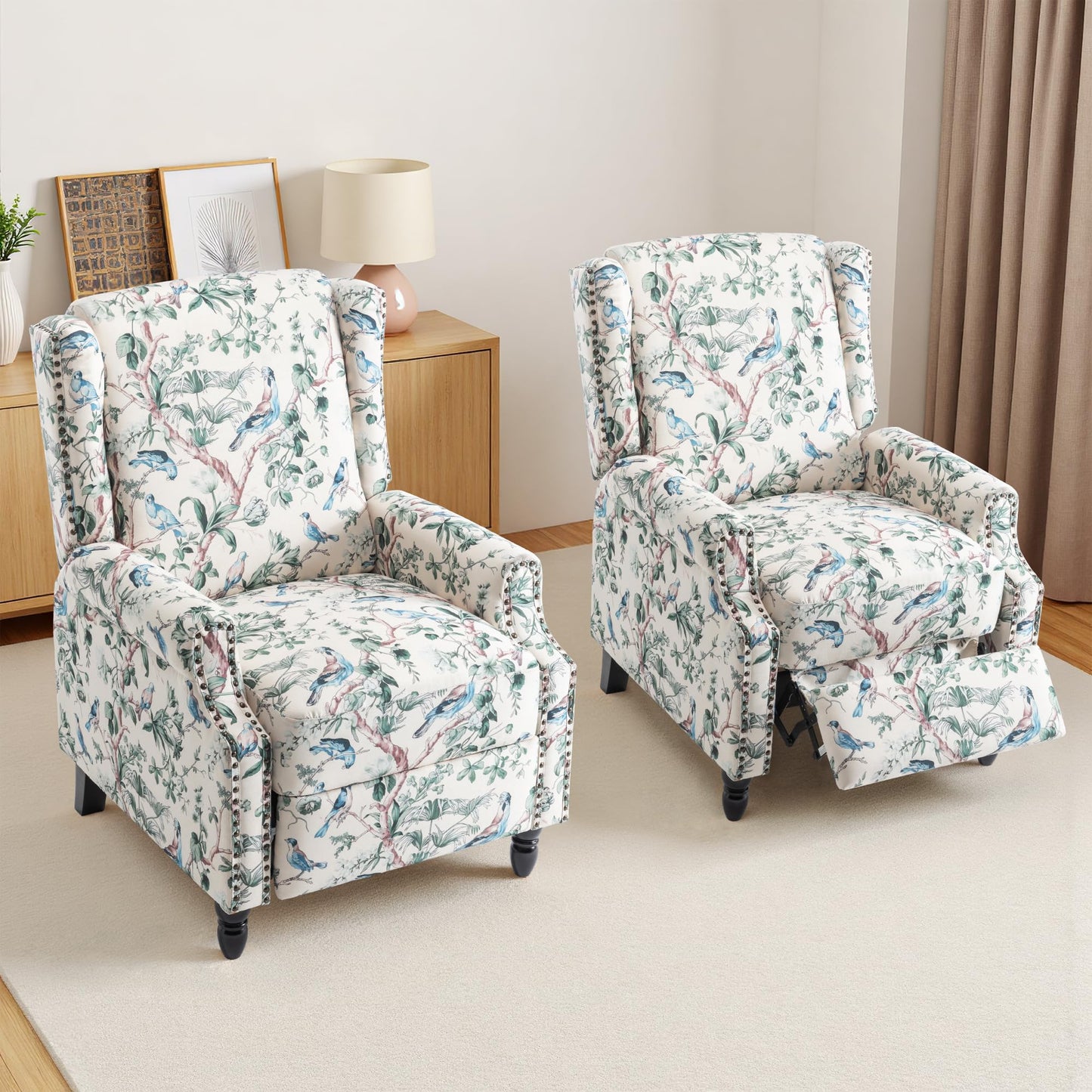 Pushback Recliner Chair, Printed Fabric Wingback Recliner Chair for Living Room, Upholstered Armchair Push Back Recliner with Wood Legs, Rivet Trim Wingback Accent Chair for Bedroom, Navy