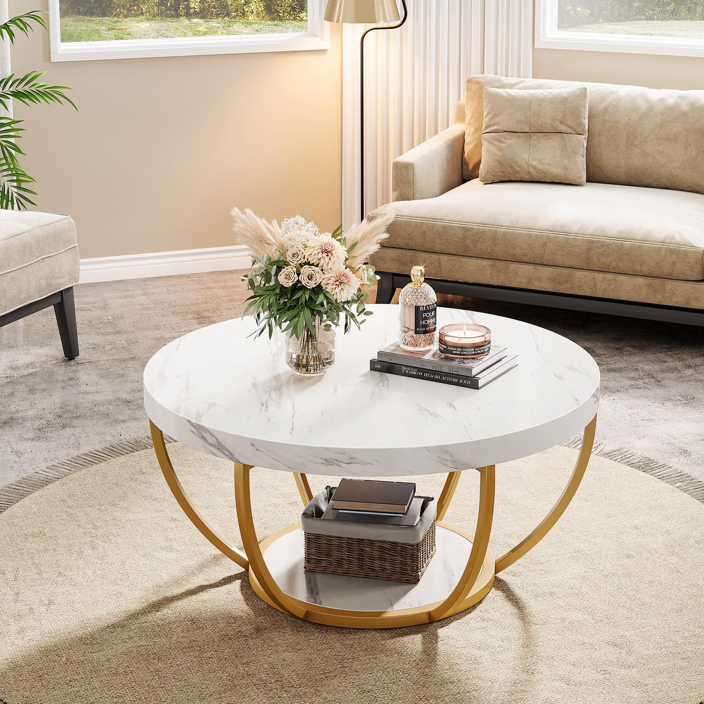 Tribesigns Round Coffee Table, 31.7" Wooden 2-Tier Circle Coffee Table with Storage Shelves, Modern Accent Cocktail Table Center Table for Living Room, Grey