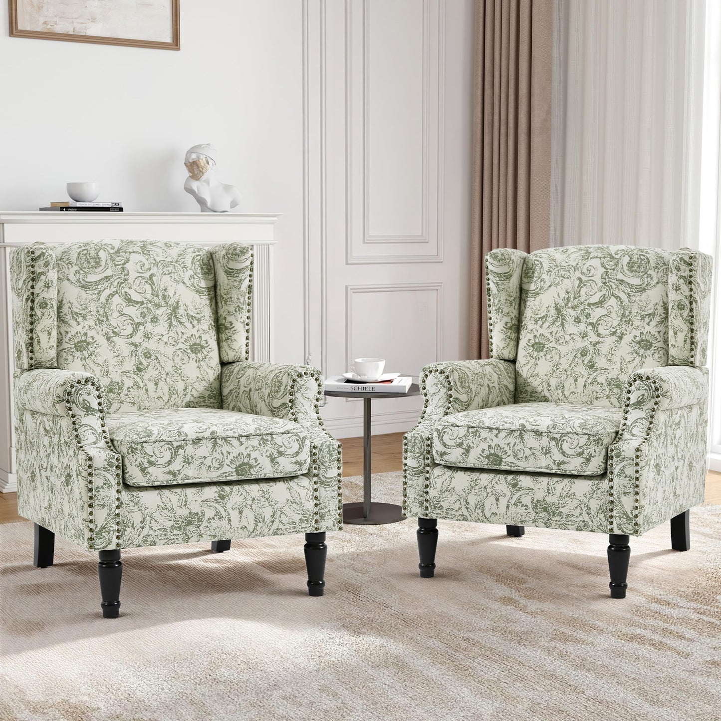 Floral Wingback Accent Chair, High Back Upholstered Armchair, Comfy Fabric Wingback Arms Chairs with Solid Wood Legs, Single Sofa Reading Chair for Bedroom Living Room, Beige