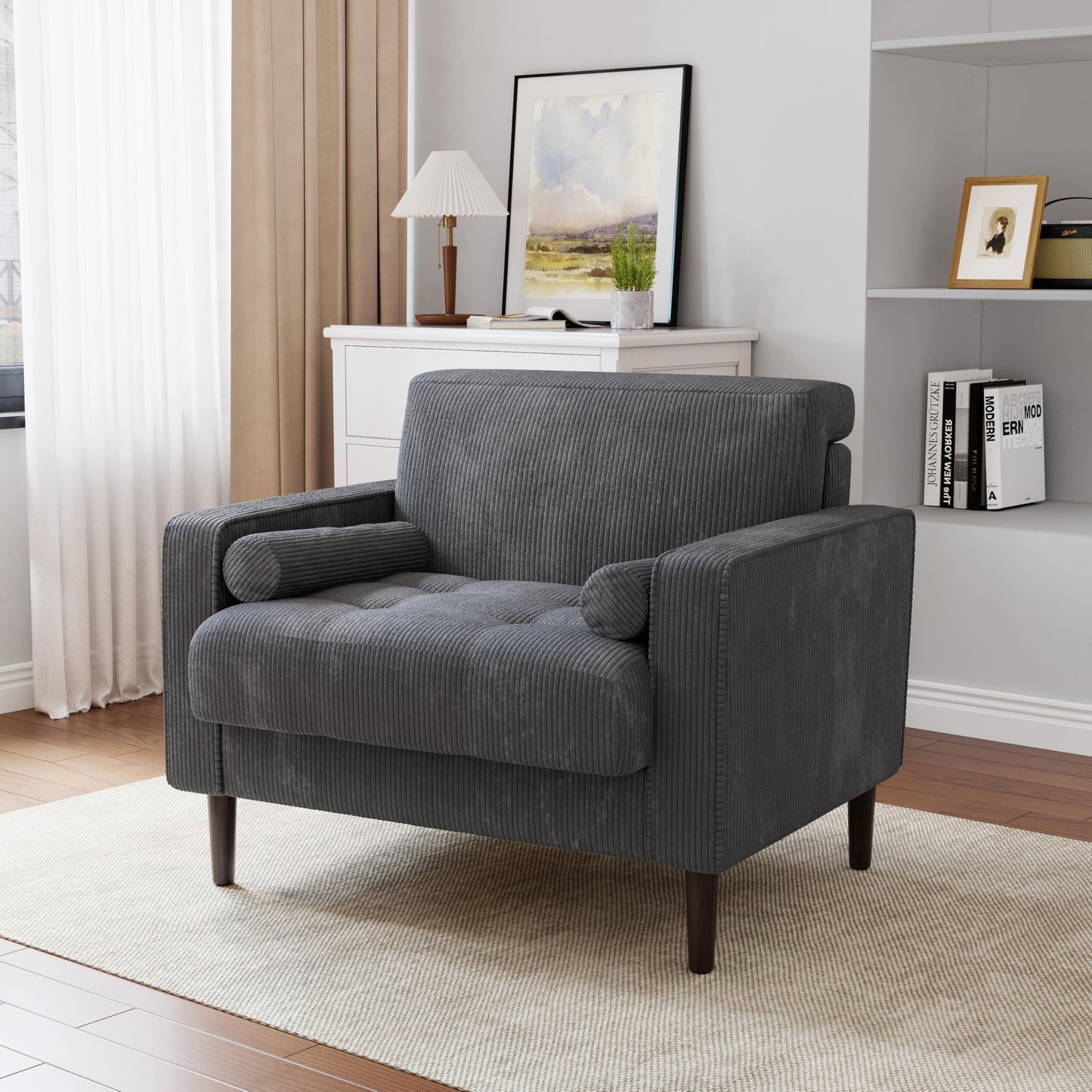 34.5" Arm Chair, Corduroy Fabric Modern Accent Chair, Comfy Upholstered Armchair Reading Chair with Solid Wood Legs for Living Room Bedroom Office, Yellow