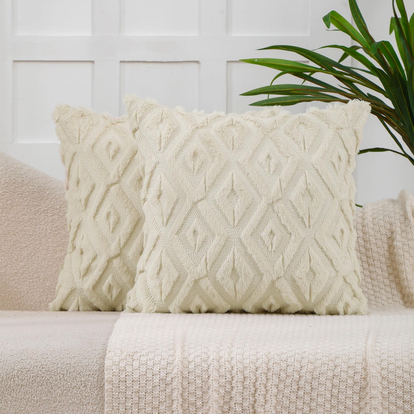 VAKADO Spring Decorative Throw Pillow Covers 18x18 Couch Set of 2 Boho Farmhouse Velvet Soft Plush Pillow Covers for Bed Sofa Home Living Room Beige