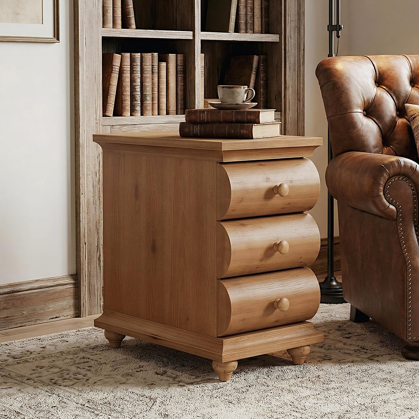Solid Wood End Table Set of 2, 3 Drawers Narrow Sofa Side Table with Finished Back, Rustic Slim Nightstand Bedside Table for Bedroom, Living Room, Small Spce
