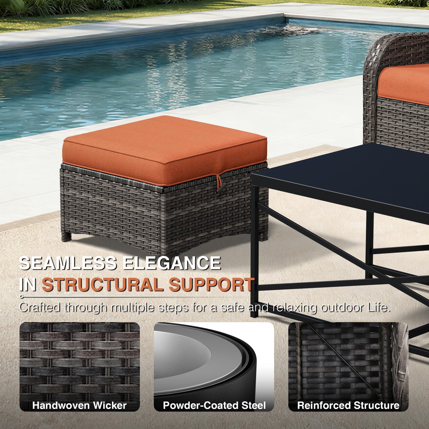 Joyside Outdoor Ottoman Set of 2, Patio Large Ottoman Foot Rest with Thickened Cushions, Outdoor Wicker Foot Stool for Porch, Deck Use