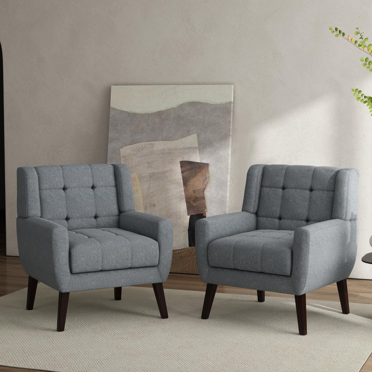 Faux Leather Accent Chairs Set of 2, Mid-Century Modern Upholstered Armchair, Comfy Living Room Chairs Reading Chairs with Button Tufted Back & Solid Wood Legs for Bedroom, Office, Black