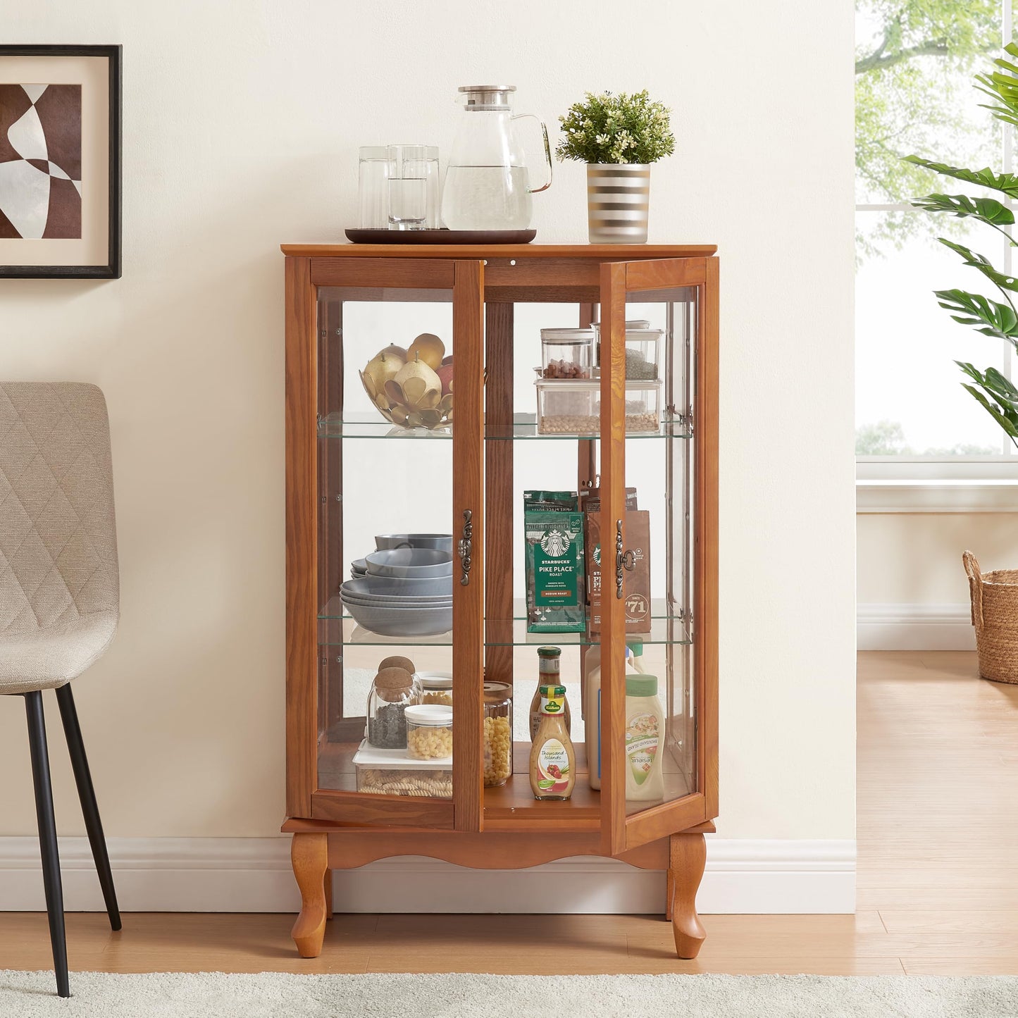 LKTART Curio Glass Display Cabinet,Storage Cabinet with Lights and Mirrored Back Panel,China Cabinet with Tempered Glass Doors and Shelves,Collectible Display Shelf,Included Bulb White