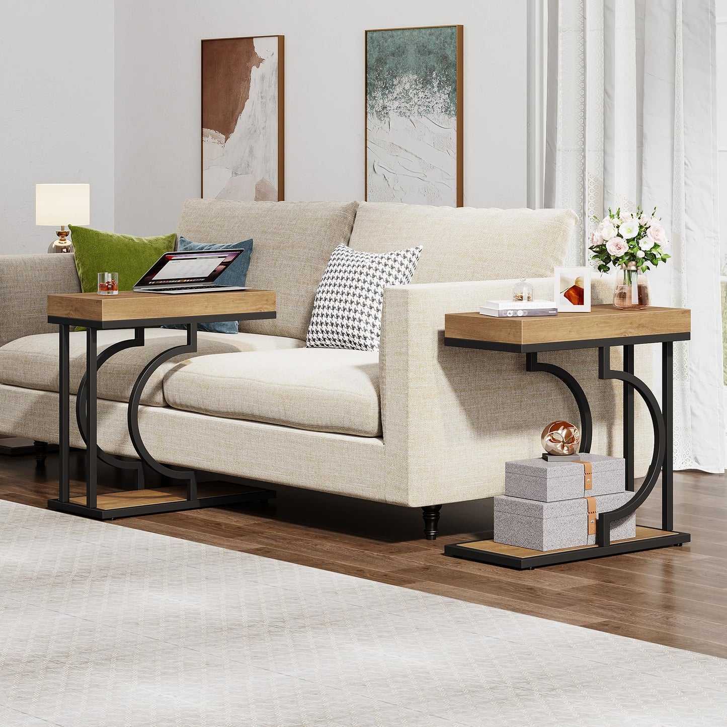 Tribesigns Narrow Side Table for Couch, C Shaped End Table with Metal Frame, Modern Bedside Tables, Small Sofa Tables for Small Spaces, Living Room (1, Brown+Black)