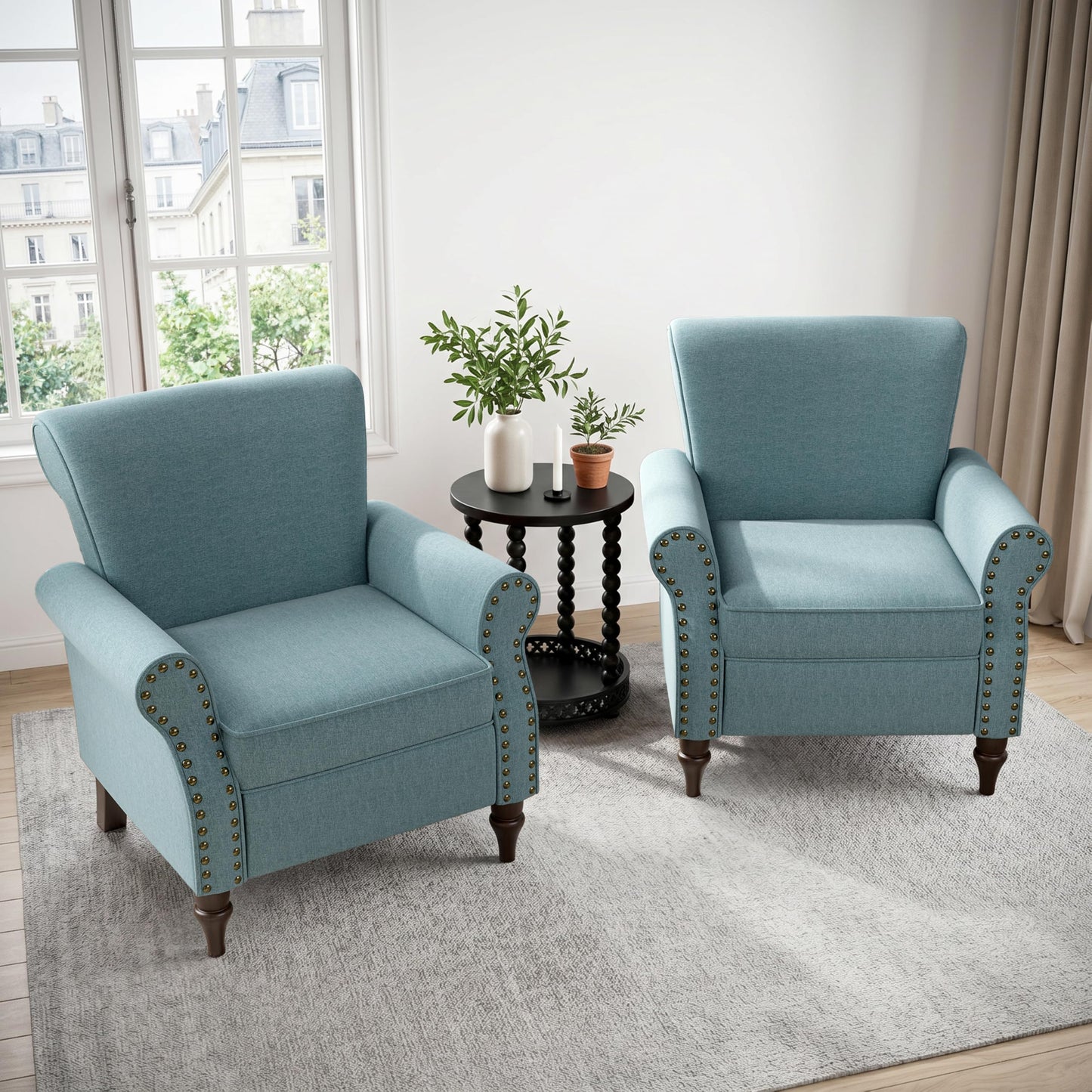 Wingback Accent Chairs Set of 2, Mid-Century Modern Upholstered Armchair Living Room Chair with Nailhead Trim & Rolled Armrest, Comfy Lounge Chair Single Sofa Chair for Bedroom, Light Blue