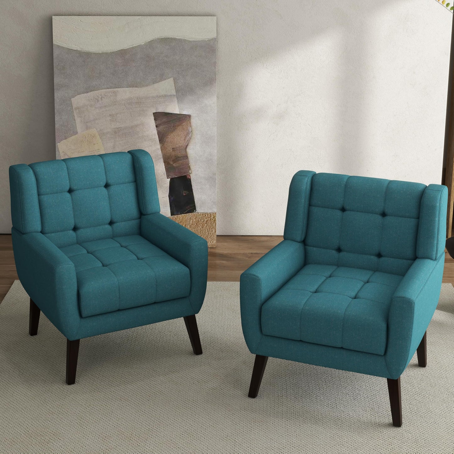 Faux Leather Accent Chairs Set of 2, Mid-Century Modern Upholstered Armchair, Comfy Living Room Chairs Reading Chairs with Button Tufted Back & Solid Wood Legs for Bedroom, Office, Black