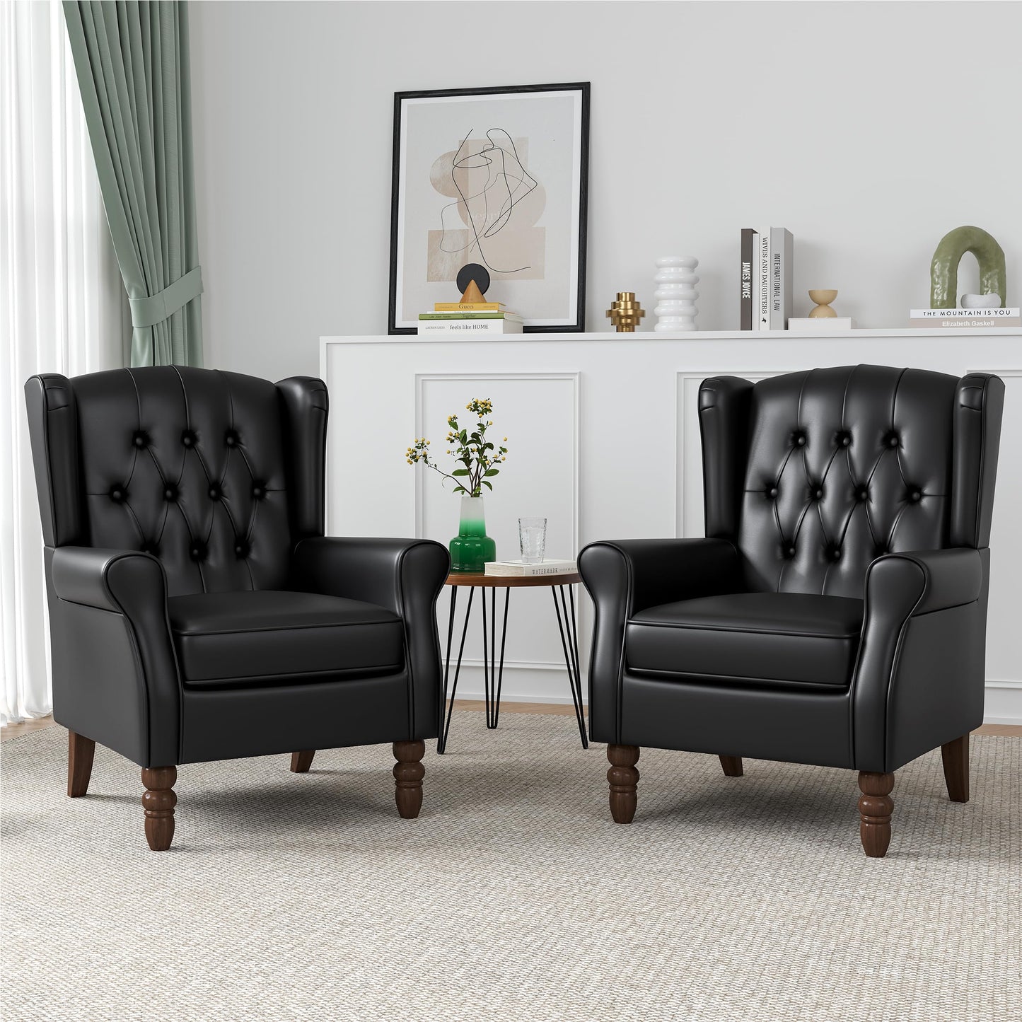 Faux Leather Wingback Chairs Set of 2, High Back Accent Chair for Living Room, Button-Tufted Upholstered Armchair with Solid Wood Legs, Comfy Reading Chair for Bedroom, Brown