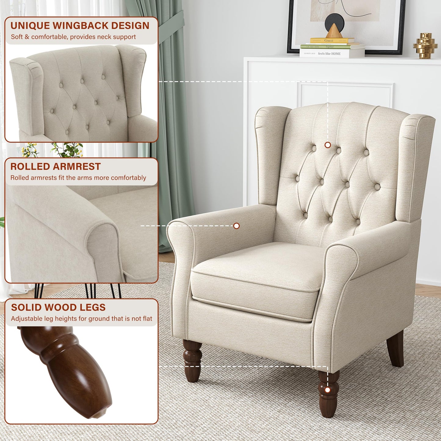 Faux Leather Wingback Chairs Set of 2, High Back Accent Chair for Living Room, Button-Tufted Upholstered Armchair with Solid Wood Legs, Comfy Reading Chair for Bedroom, Brown
