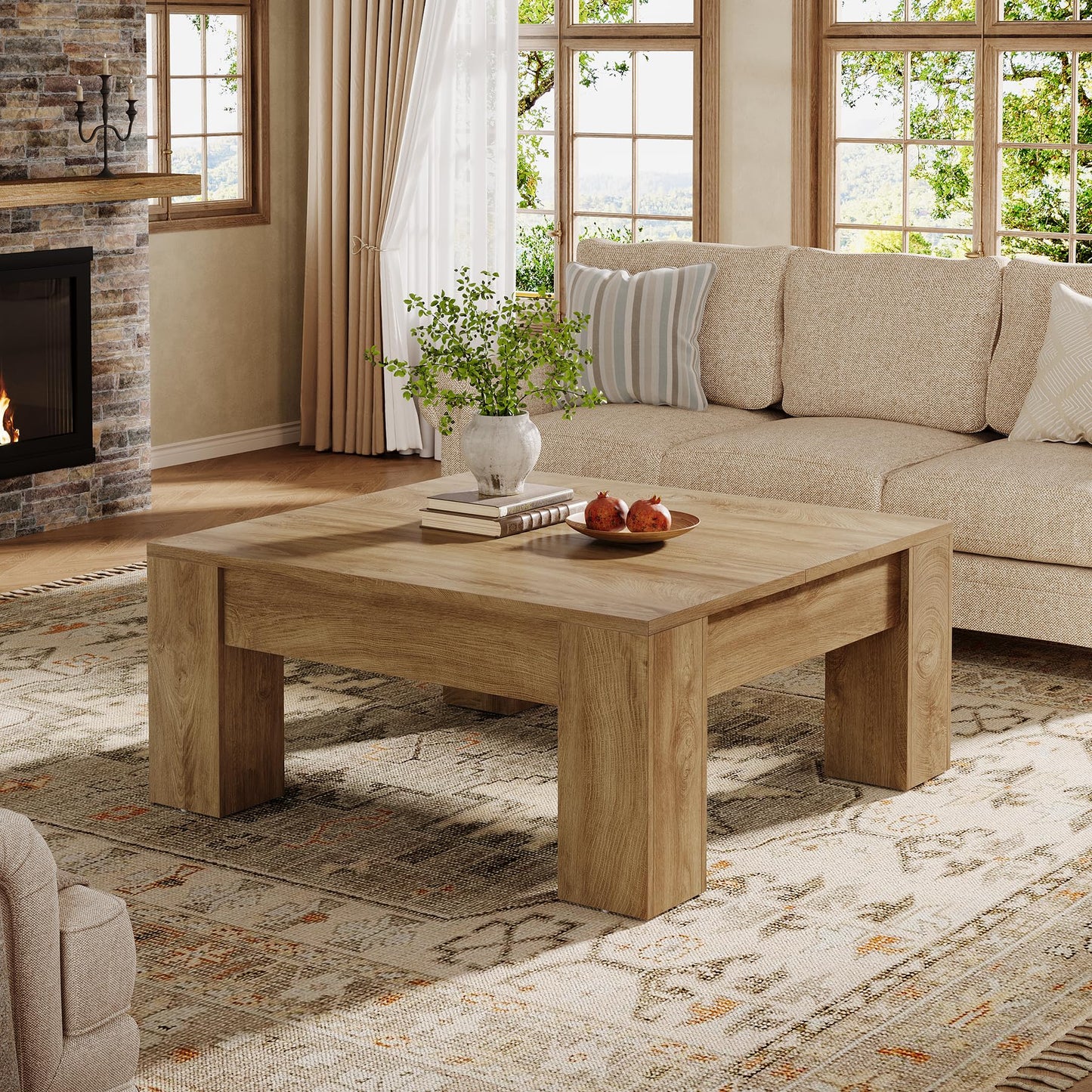 Tribesigns Square Coffee Table, 39-Inch Farmhouse Wooden Coffee Table with Sturdy Legs, Rustic Accent Center Table for Living Room, Easy Assembly, Light Brown