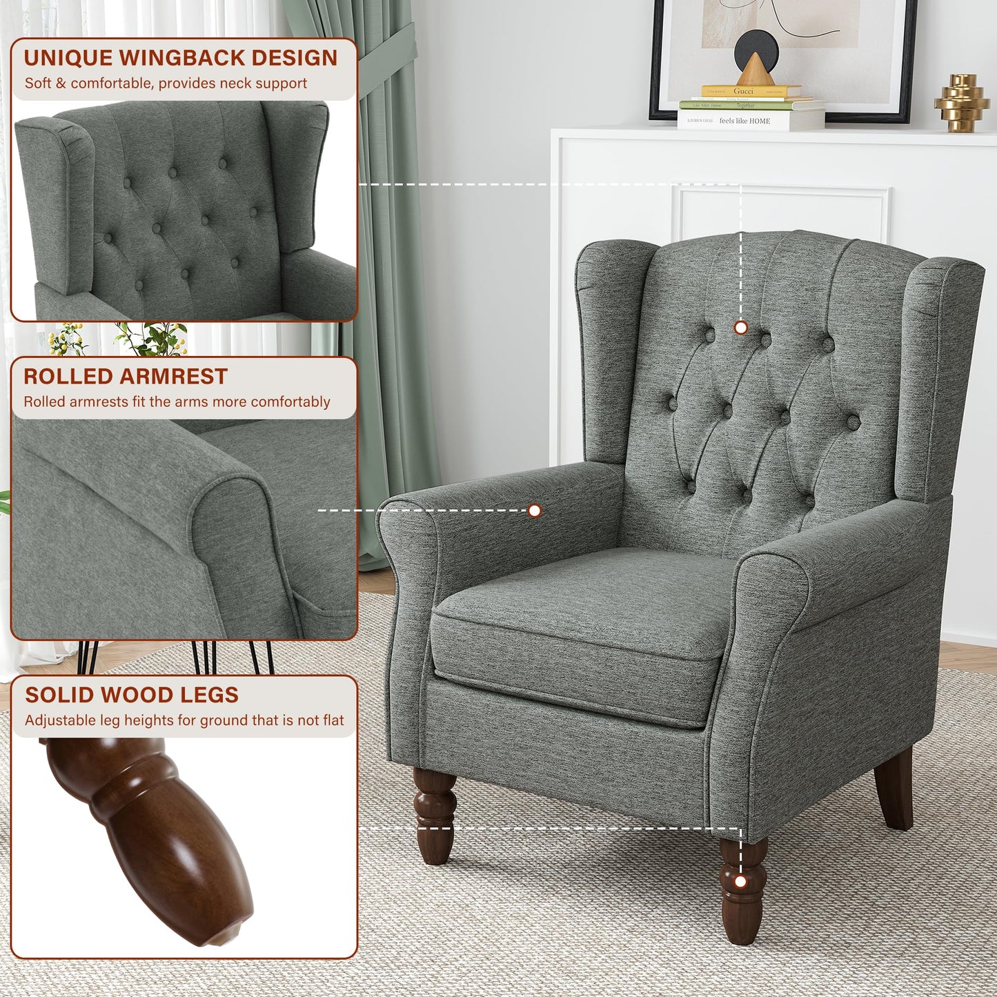 Faux Leather Wingback Chairs Set of 2, High Back Accent Chair for Living Room, Button-Tufted Upholstered Armchair with Solid Wood Legs, Comfy Reading Chair for Bedroom, Brown