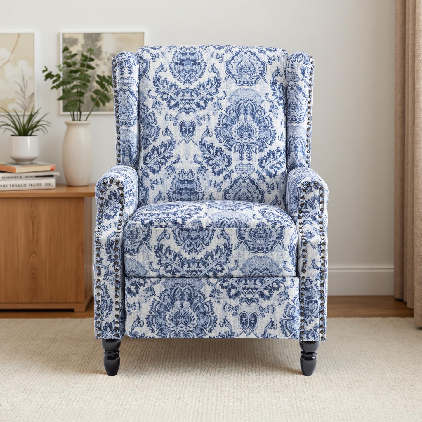 Pushback Recliner Chair, Printed Fabric Wingback Recliner Chair for Living Room, Upholstered Armchair Push Back Recliner with Wood Legs, Rivet Trim Wingback Accent Chair for Bedroom, Navy