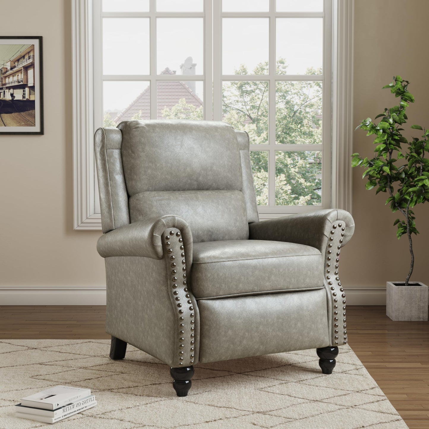 Pushback Recliner Chairs Set of 2, Comfy Fabric Wingback Recliner Chair, Upholstered Armchair Push Back Recliner with Wood Legs, Rivet Trim Accent Chair for Living Room, Bedroom, Blue Stripe