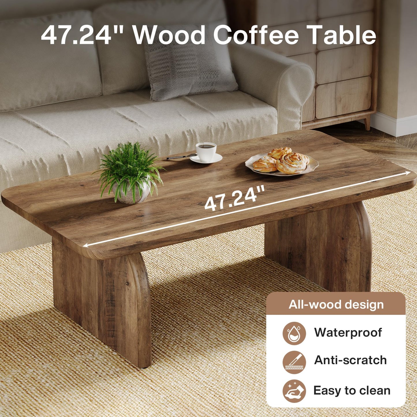 Tribesigns Rectangle Coffee Table, 47-Inch Wood Rectangular Living Room Table, Farmhouse Accent Center Low Cocktail Tea Table with Sturdy Base & Rounded Corners, Easy Assembly (Natural Brown)