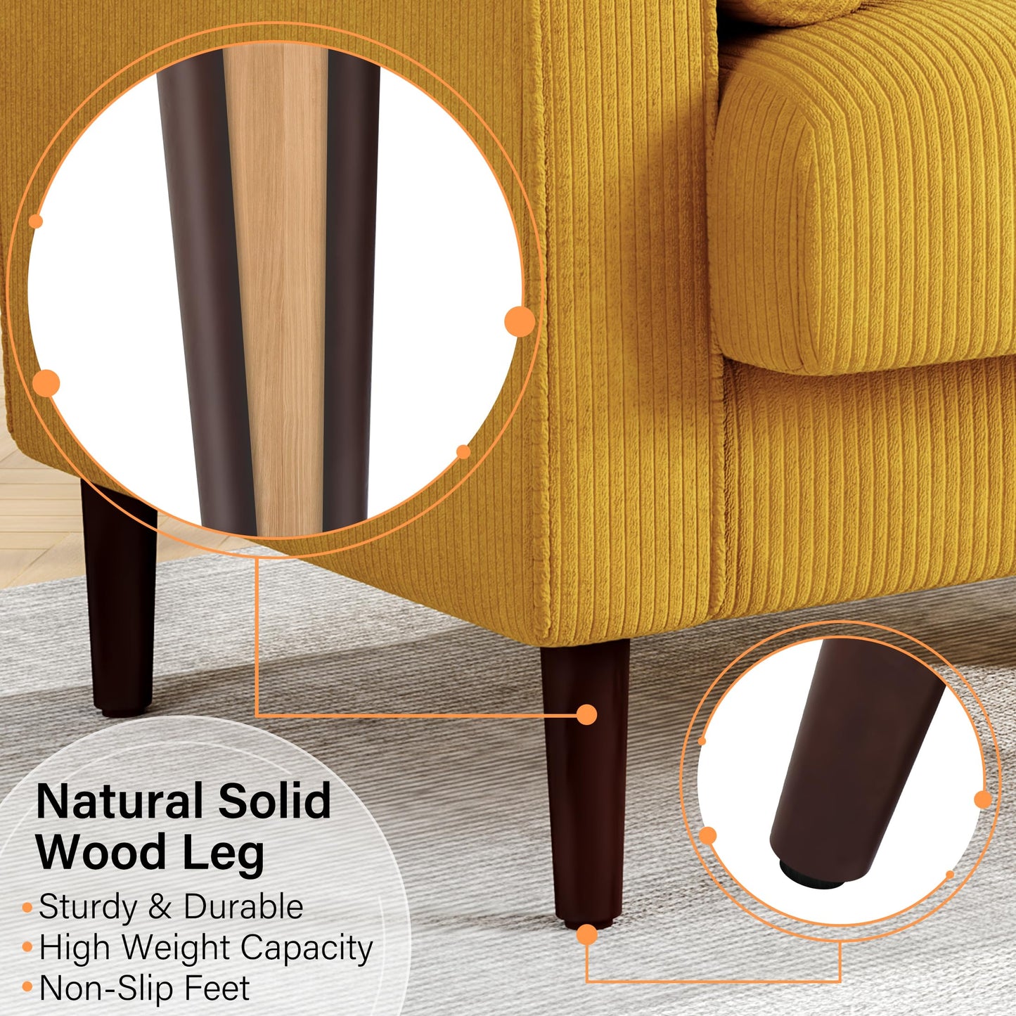 34.5" Arm Chair, Corduroy Fabric Modern Accent Chair, Comfy Upholstered Armchair Reading Chair with Solid Wood Legs for Living Room Bedroom Office, Yellow