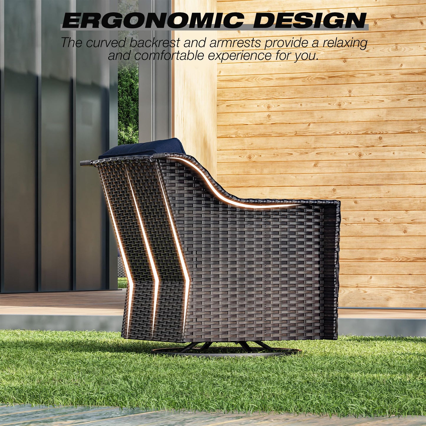 Joyside Patio Sofa - 3 Seater Rattan Sofa, All Weather High Back Sofa, Upgraded Large Size with 4inch Seat Cushions for Backyard, Garden, Poolside (Brown/Blue)