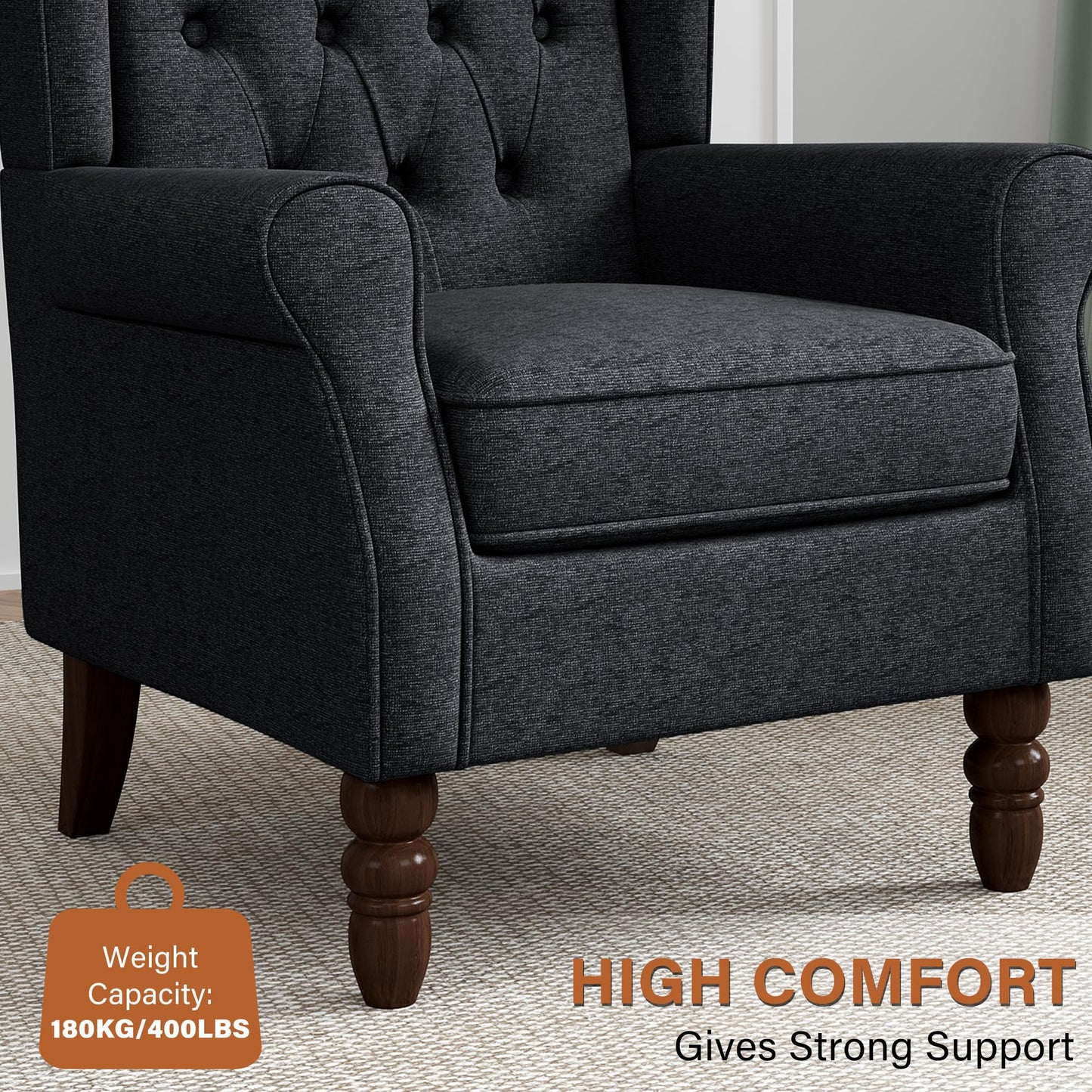 Faux Leather Wingback Chairs Set of 2, High Back Accent Chair for Living Room, Button-Tufted Upholstered Armchair with Solid Wood Legs, Comfy Reading Chair for Bedroom, Brown