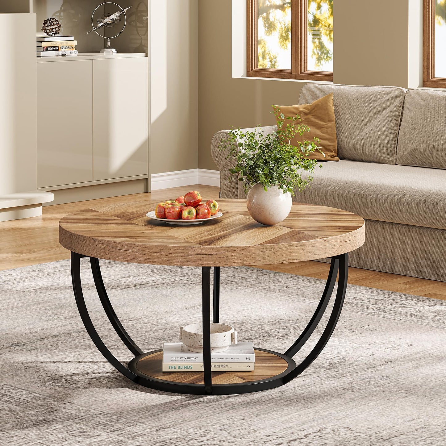 Tribesigns Round Coffee Table, 31.7" Wooden 2-Tier Circle Coffee Table with Storage Shelves, Modern Accent Cocktail Table Center Table for Living Room, Grey