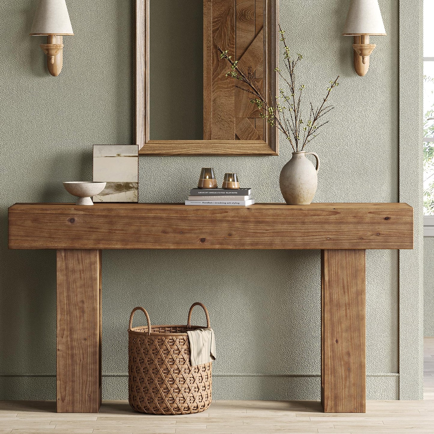 Solid Wood Console Table, 63-Inch Long Farmhouse Entryway Table, Sofa Console Behind Couch, for Foyer, Hallway, Living Room, Dark Brown
