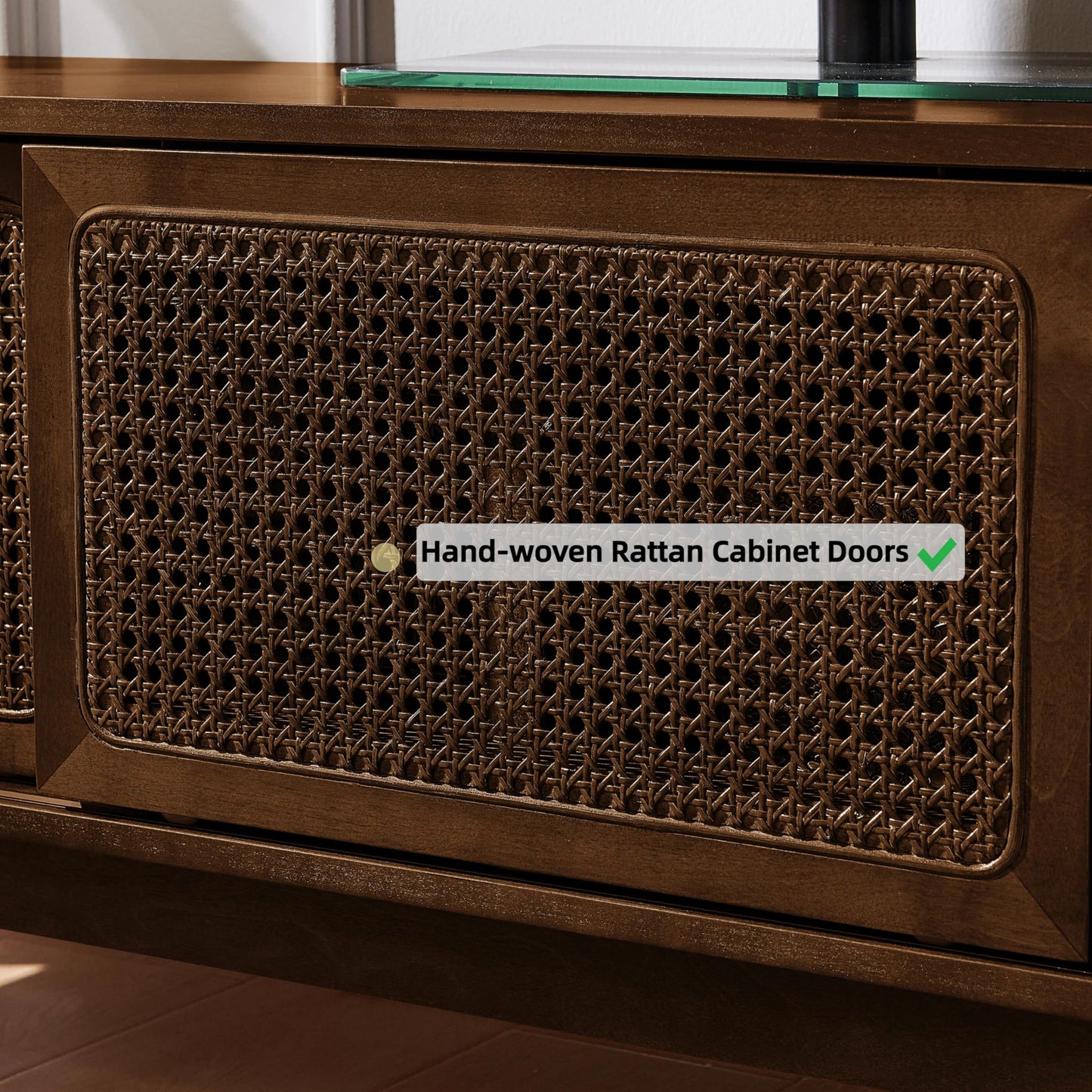 LKTART Mid Century Modern Rattan TV Stand for 65 Inch TV,59" Boho Media Console with Sliding Doors & Open Shelves,Solid Wood Legs for Living Room,Light Walnut